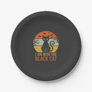 Schwarze Katze Halloween Retro-Sonnenuntergangs-De Pappteller