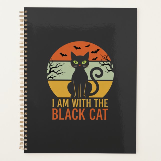 Schwarze Katze Halloween Retro-Sonnenuntergangs-De Planer (Vorderseite)