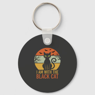 Schwarze Katze Halloween Retro-Sonnenuntergangs-De Schlüsselanhänger