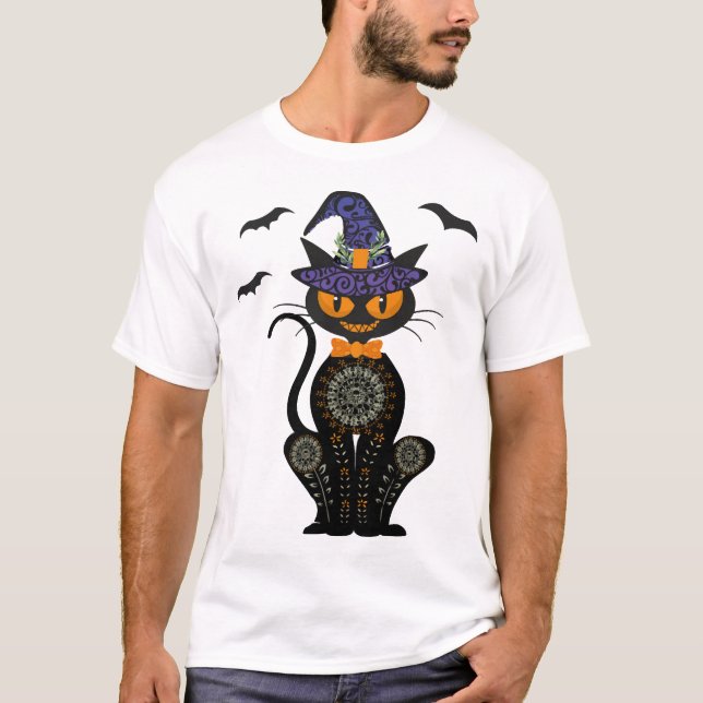 Schwarze Katze Halloween T-Shirt (Vorderseite)