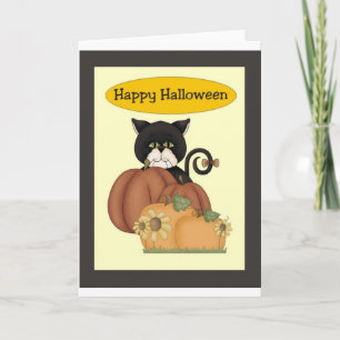 Schwarze Katze Halloweens mit Kürbisen Karte