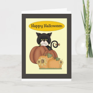 Schwarze Katze Halloweens mit Kürbisen Karte