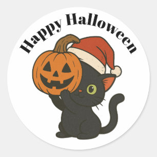 Schwarze Katze hält Kürbis Halloween Runder Aufkleber