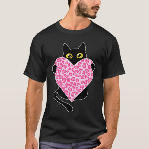 Schwarze Katze hält Leopard Pink Herz Valentinstag T-Shirt