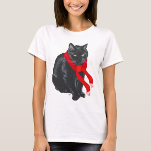 Schwarze Katze hält sich an Weihnachten warm T-Shirt