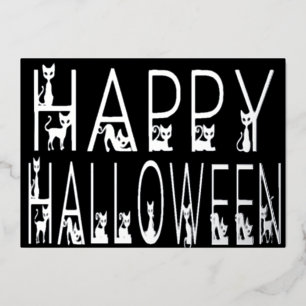 Schwarze Katze "Happy Halloween" Typografie-Design Folieneinladung