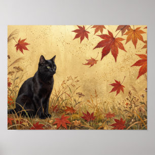 Schwarze Katze Herbst-Ahornblätter Kunst Poster