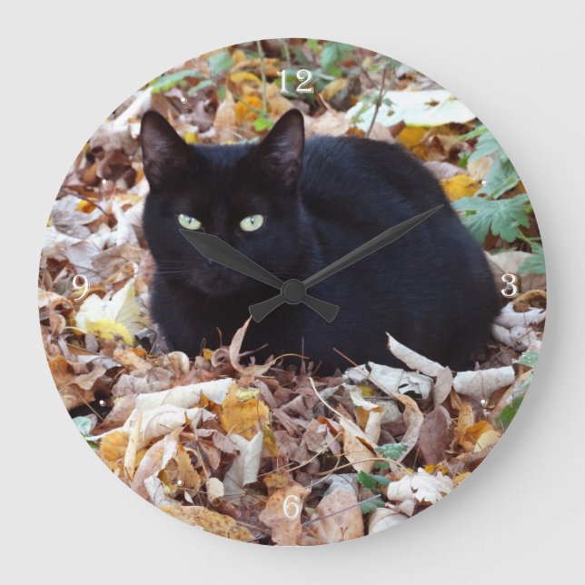 Schwarze Katze Herbst-Foto-runde (große) Wand-Uhr Große Wanduhr (Vorderseite)