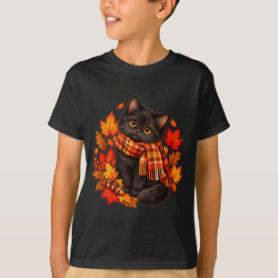 Schwarze Katze Herbstschal Herbstlaub Halloween T-Shirt
