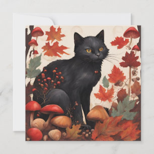 Schwarze Katze, Herbstwald und wilde Pilze Karte