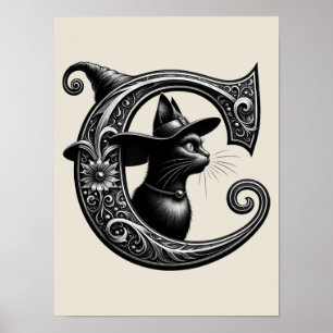 Schwarze Katze Hexe Hexerei Buchstabe C Benutzerde Poster