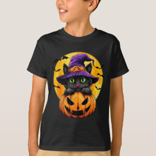 Schwarze Katze Hexe Kürbis Fledermäuse Halloween H T-Shirt