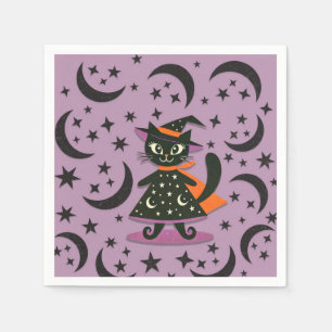 Schwarze Katze Hexe Lila Mond Sterne Halloween Par Serviette