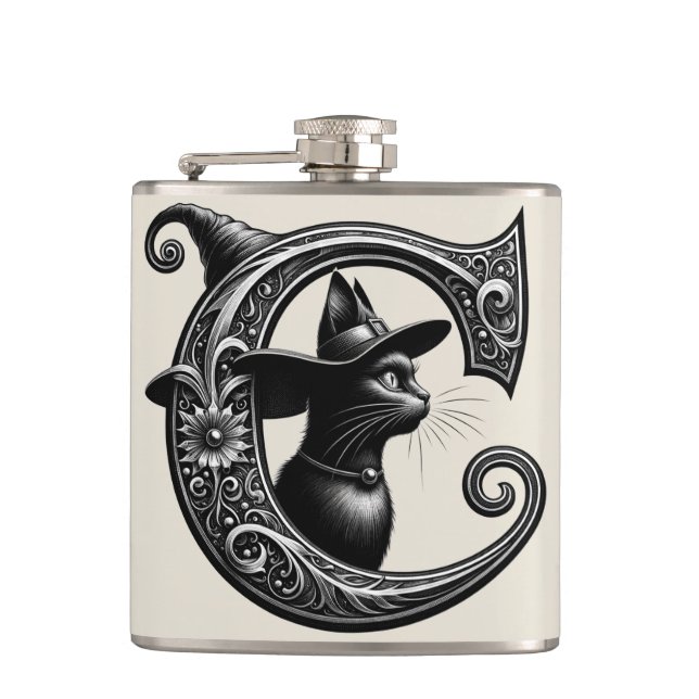 Schwarze Katze Hexe Witchy Buchstabe C Benutzerdef Flachmann (Vorderseite)