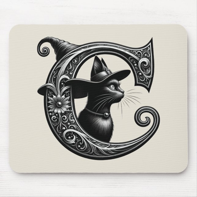 Schwarze Katze Hexe Witchy Buchstabe C Benutzerdef Mousepad (Vorne)