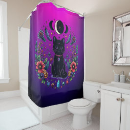 Schwarze Katze Himmelsmystik Violett Rosa Duschvorhang