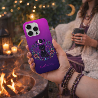 Schwarze Katze Himmelsmystik Violett Rosa iPhone 15 Pro Hülle