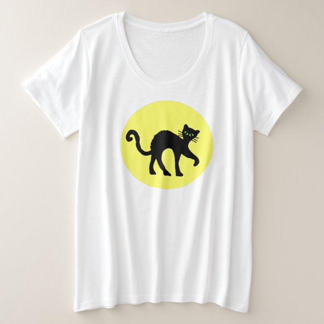Schwarze Katze, hinten grüne Augen, Grossgelber Mo Große Größe T-Shirt (Design vorne)
