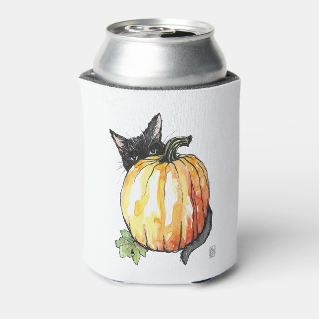 Schwarze Katze hinter Pumpkin kann kühler Dosenkühler (Kanne Rückseite)
