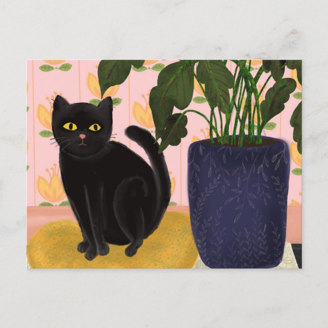 Schwarze Katze Hübsch in Rosa Postkarte (Vorderseite)