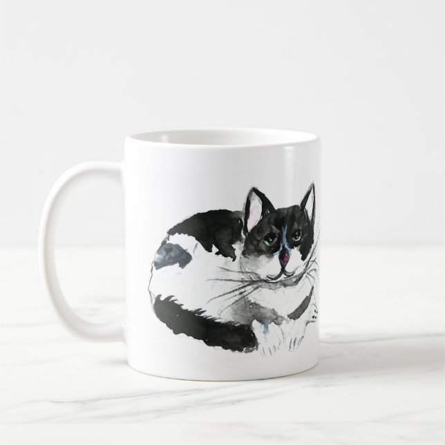 Schwarze Katze Hübsches Haustier Kätzchen Aquarell Kaffeetasse (Links)