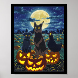 Schwarze Katze Hund Huhn Halloween Kürbis Gruselig Poster