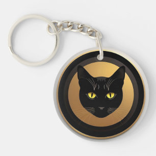 Schwarze Katze Illustration auf goldenem Kreis Schlüsselanhänger