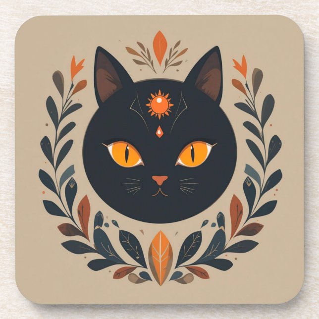 Schwarze Katze Illustration mit dynamischen Augen Getränkeuntersetzer (Vorderseite)