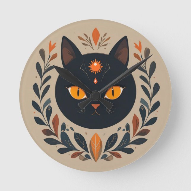 Schwarze Katze Illustration mit dynamischen Augen Runde Wanduhr (Vorderseite)