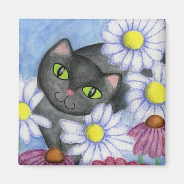Schwarze Katze im Blume-Magnet Magnet (Vorne)