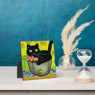 Schwarze Katze im Blumentopf Fotoplatte