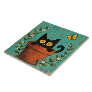Schwarze Katze im Blumentopf Keramikfliese