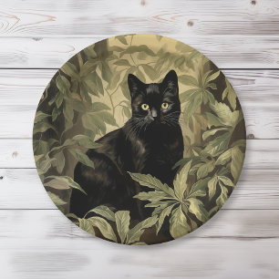Schwarze Katze im dichten Wald Pappteller