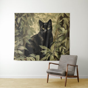 Schwarze Katze im dichten Wald Wandteppich