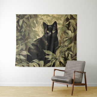 Schwarze Katze im dichten Wald Wandteppich