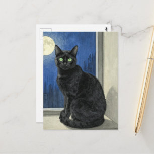 Schwarze Katze im Fenster in einer regnerischen Na Postkarte