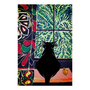 Schwarze Katze im Fensterglanz-Poster Poster