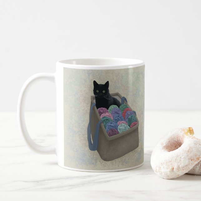 Schwarze Katze im Garnbeutel Kaffeetasse (Mit Donut)