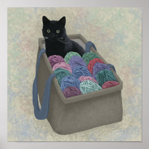 Schwarze Katze im Garnbeutel Poster