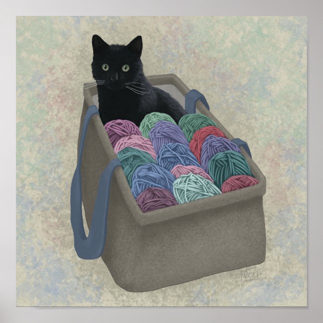 Schwarze Katze im Garnbeutel Poster (Vorne)