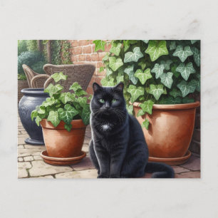 Schwarze Katze im Garten Katzenliebhaber Postkarte