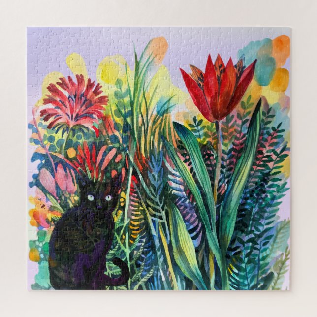 Schwarze Katze im Garten Puzzle (Vertikal)