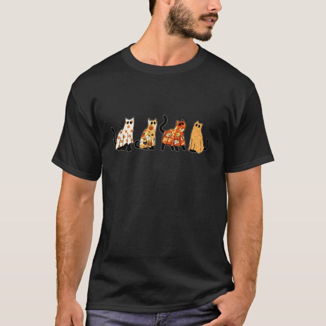 Schwarze Katze im Geist Halloween-Muster T-Shirt (Vorderseite)