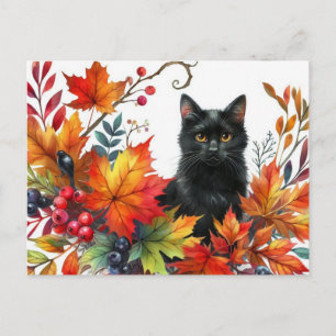 Schwarze Katze im Herbst Bunte Blätter Postkarte