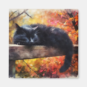 Schwarze Katze im Herbst schlafen Magnet