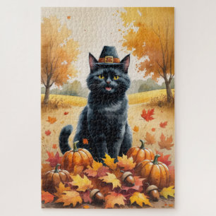Schwarze Katze im Herbstlaub Erntedank Kunst Puzzle
