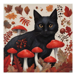 Schwarze Katze im Herbstwald Poster