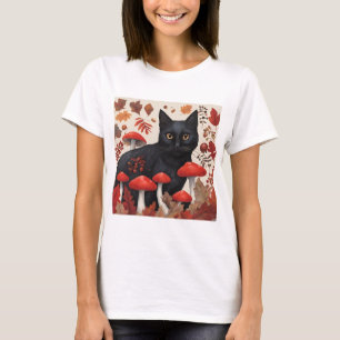 Schwarze Katze im Herbstwald T-Shirt