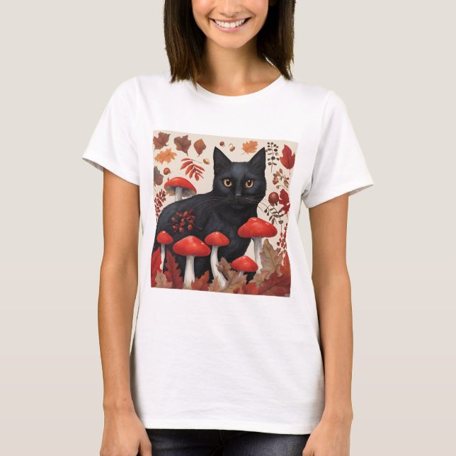 Schwarze Katze im Herbstwald T-Shirt (Vorderseite)