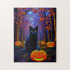 Schwarze Katze im Kürbiswald zu Halloween Puzzle